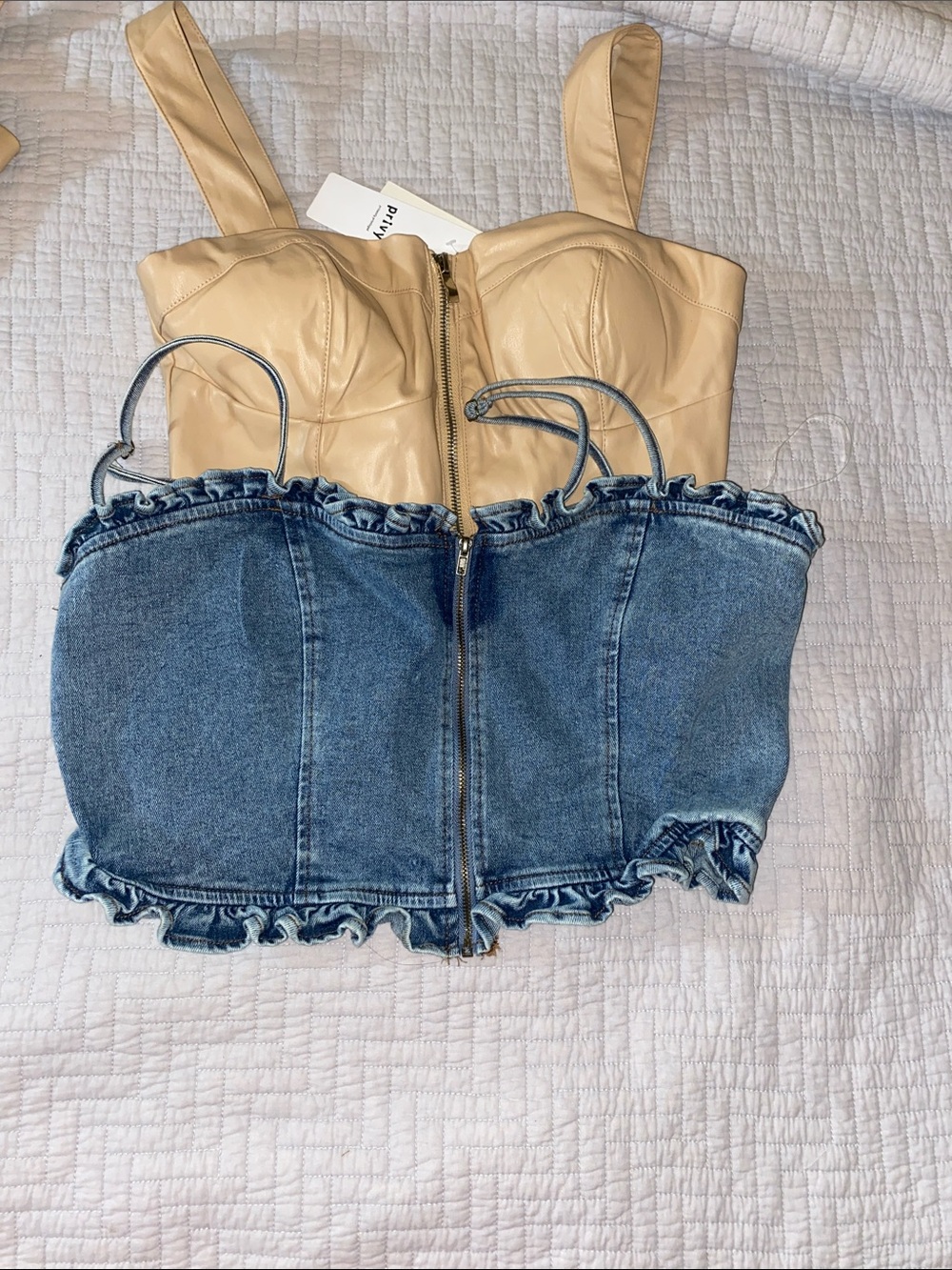 Two Bustier Tops in Beige and Denim
